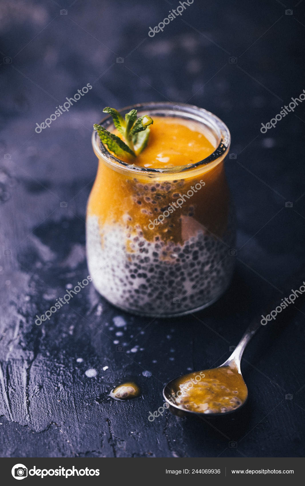 Chia Pudding Coconut Milk Mashed Mango Selective Focus Stock Photo by