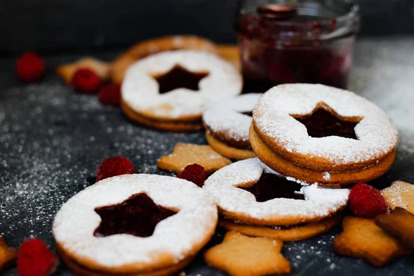 linzer cookies with raspberry jam, selective focus