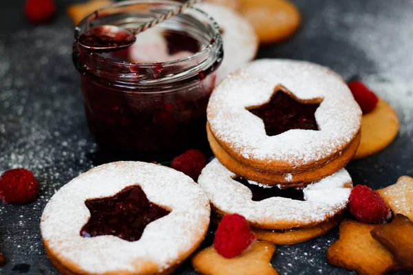 linzer cookies with raspberry jam, selective focus