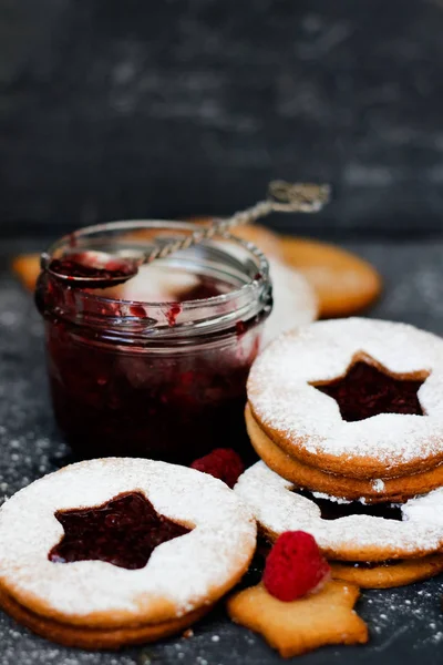 linzer cookies with raspberry jam, selective focus