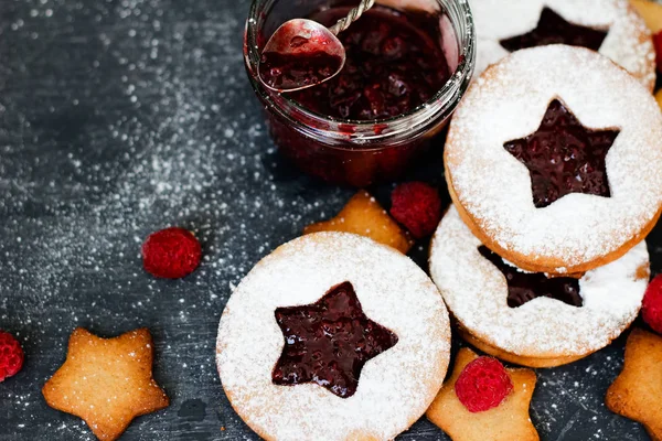 linzer cookies with raspberry jam, selective focus