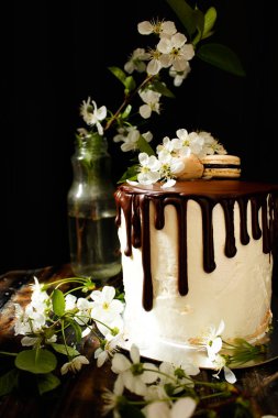 kek krem peynir ve çikolata ahşap arka plan üzerinde beyaz çiçekli