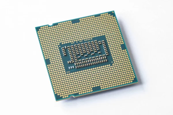 Computer processor on white background. The view from the top. Close up.