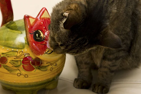 Two cats. One cat is real, another cat is ceramic. A real cat li