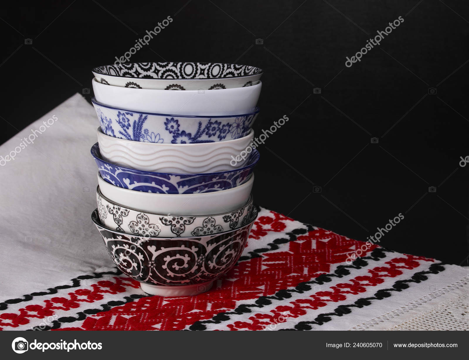 Stacked Soup Cereal Bowls Hemp Kitchen Towel Printed Red