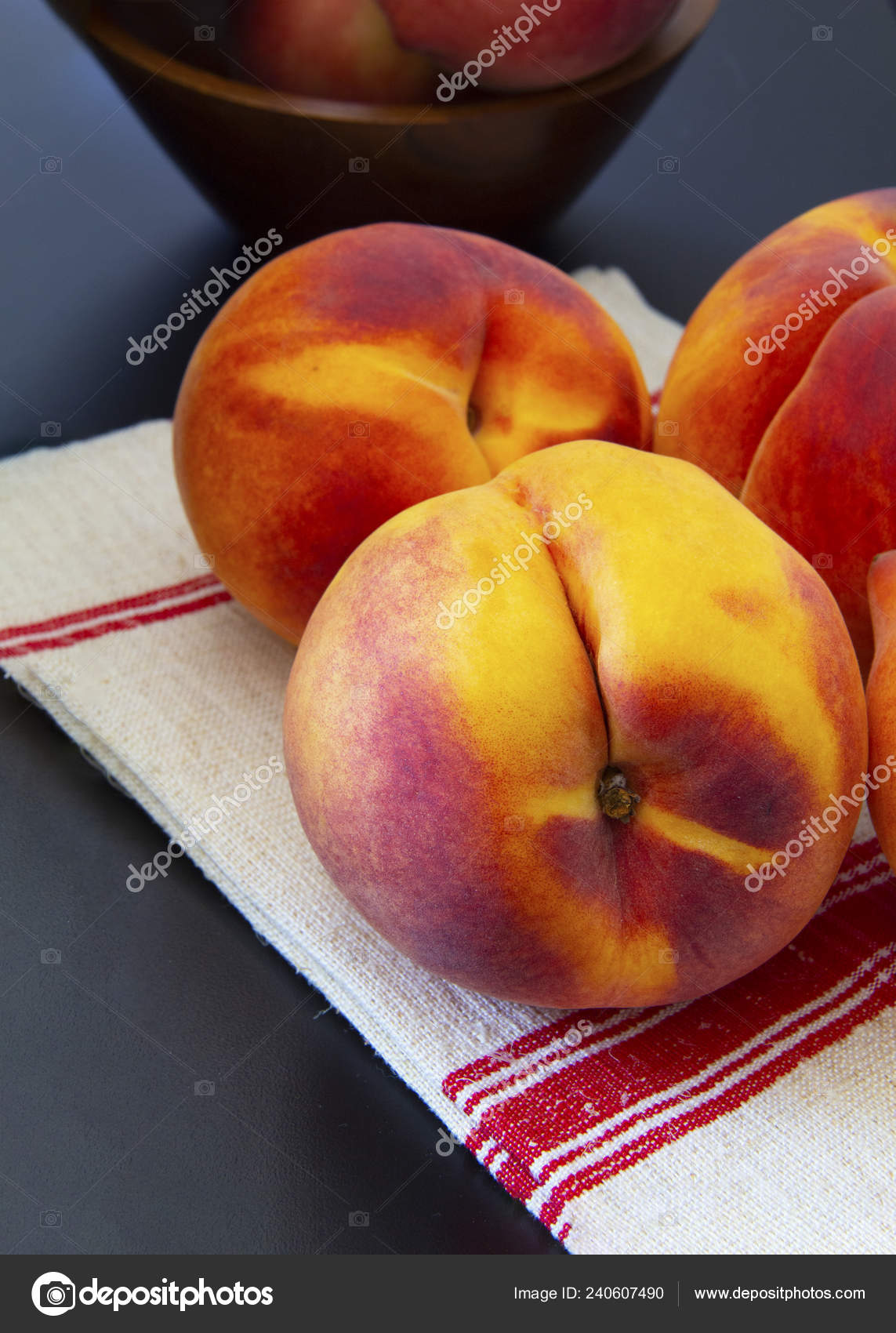 Three Red Gold Delicious Peaches Resting White Kitchen
