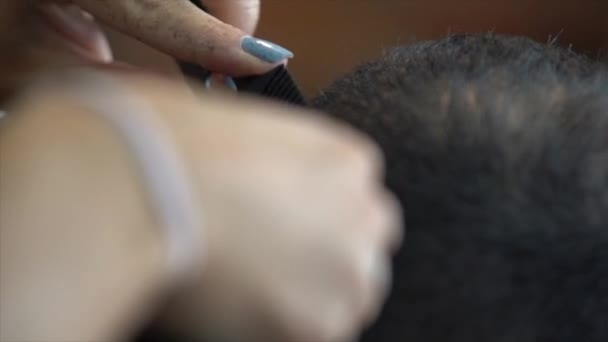 Une Femme Coupe Homme Avec Une Tondeuse Cheveux — Video