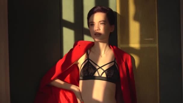 Woman Short Purple Hair Blue Eyes Dressed Black Underwear Red