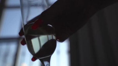 bir kadeh şampanya ile çivi portakal, yakın çekim çekim bir kadının elinde çerçevede. Arka plan, bir büyük panoramik pencere, gün ışığından yararlanma