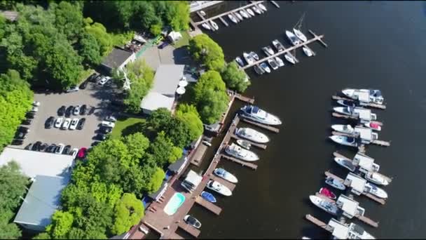 Aerial View River Port Boat Parking Boat Station Sunny Summer — Stock Video