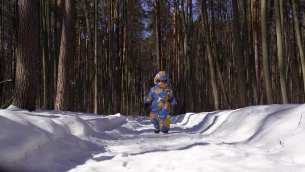 Litet Barn Pojke Vinteroverall Huva Och Svarta Solglasögon Promenader Längs — Stockvideo