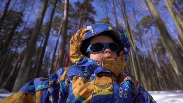 Little Baby Boy Sitting Sled Winter Overalls Hood Black Sunglasses — Stock Video