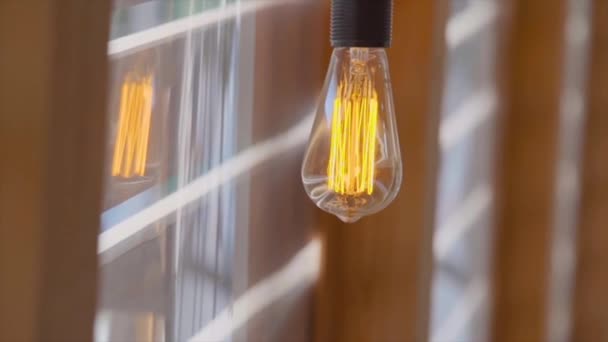 Eine Glühlampe Die Einer Holzwand Hängt Nahaufnahme Natürliches Licht — Stockvideo