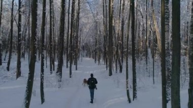Bir adam bir siyah ceket ve siyah bir sırt çantası ve bir fotoğraf makinesi ile büyük bir lens ve kış orman, hava fotoğrafçılığı yürüyen bir köpek ile şapka çerçevede