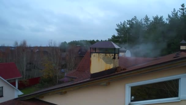 Pipe Roof House Comes Out Smoke Close Aerial Drone Shooting — Stock Video