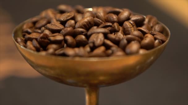 Metal Bronze Copper Bowl Leg Coffee Beans Close Macro — Stock Video