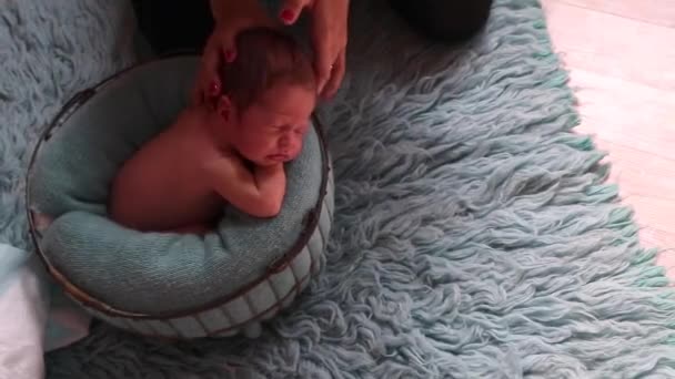 新生儿熟睡的女婴 母亲躺在蓝色枕头上的柳条金属篮子里 准备拍摄新生儿的照片 平均计划 — 图库视频影像