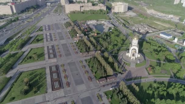 Letecká Fotografie Moskva Poklonnaya Gora Park Kostel Rybník Silnice Panorama — Stock video