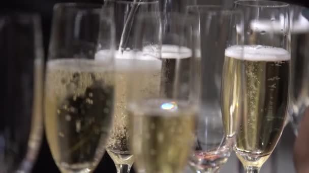 桌子上有空杯子和香槟酒 酒保把空杯子装满 特写镜头 — 图库视频影像