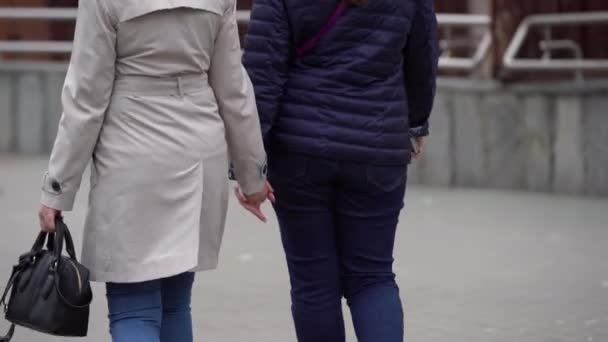 二人の女の子 ジーンズとダークブルーのジャケットを着て もう1つはジーンズを着て もう1つはジーンズで もう1つは手をつないで通りを歩く軽いマント 女性の友情 同性愛 後ろから撮影 — ストック動画