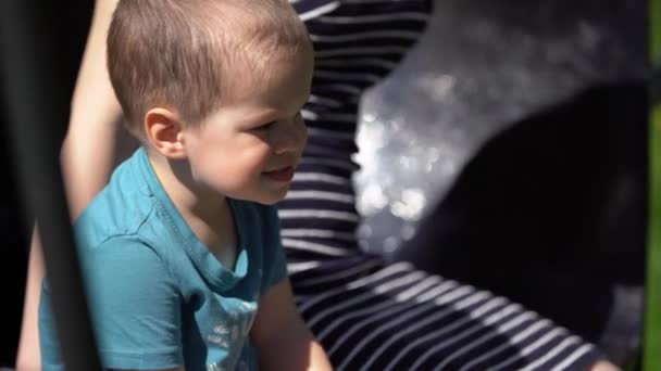 Mutter Mit Kleinem Kind Ein Junge Schaukelt Einem Sonnigen Tag — Stockvideo