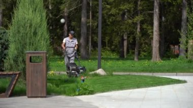 Gri bir iş elbisesi ve siyah bir kap Asya görünüm bir adam bir yaz Güneşli gününde Park'ta bir çim biçme makinesi ile çim biçiyor