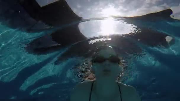 European Girl Underwater Glasses Dives Swims Water Shooting Herself Action — Stock Video