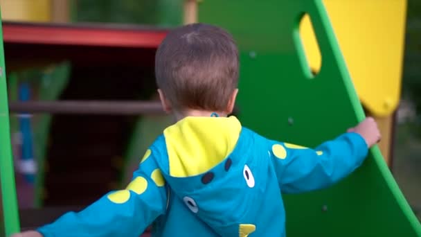 Child Little Boy Blue Jacket Grey Pants Playing Playground Climbs — Stock Video