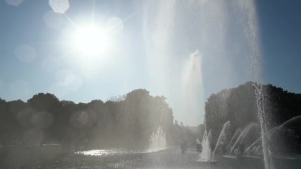 阳光明媚的夏日 一个大型喷泉 水射水高高地升到天空中 滴落在远处 城市公园 夏天凉爽 — 图库视频影像