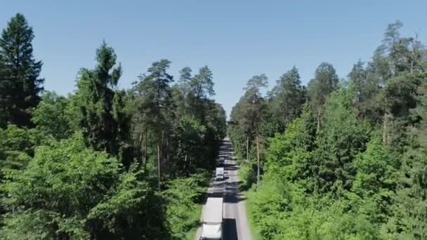 Luchtfotografie Van Een Weg Het Bos Waar Vrachtwagens Passeren Camera Stockvideo's