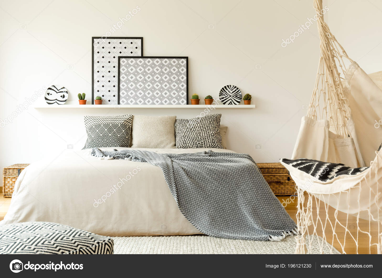 Hammock Bed Patterned Blanket White Wall Posters Bedroom Interior Stock Photo Image By C Photographee Eu 196121230