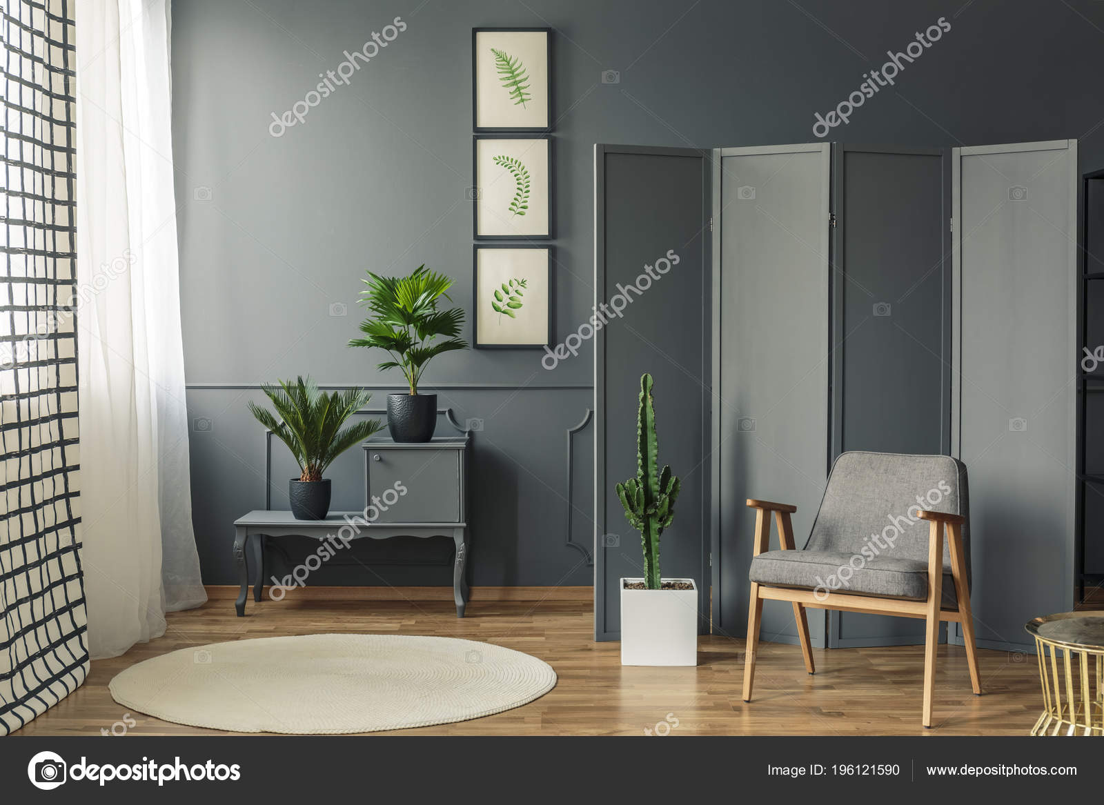 Chair Standing Front Decorative Grey Screen Next Rug Wooden Floor