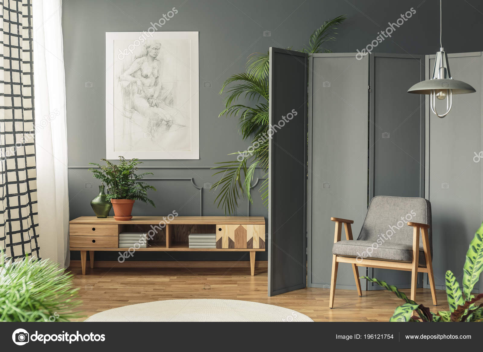 Fauteuil Rétro Contre écran Gris Côté Dessin Accroché Sur