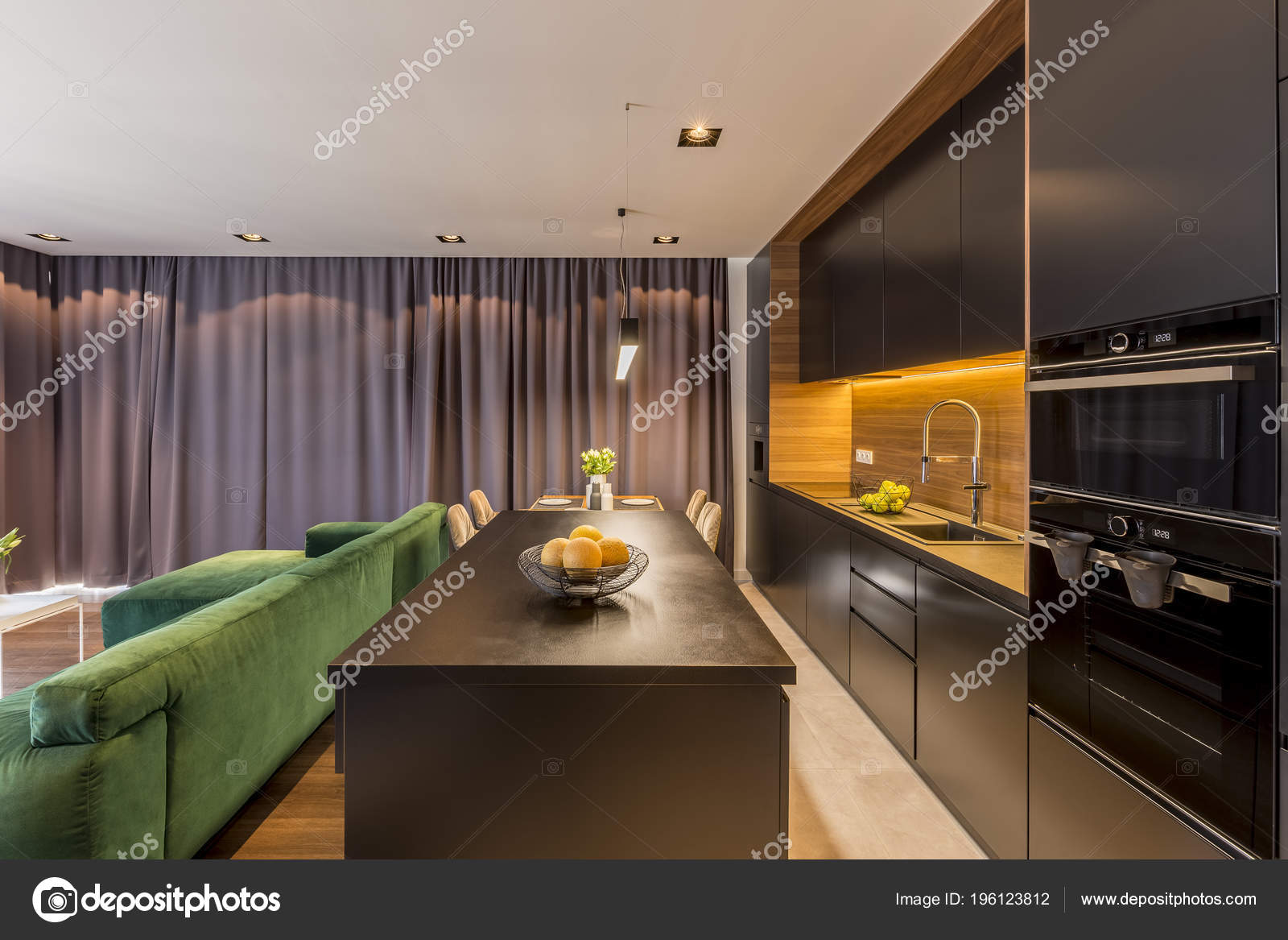 Kitchen Island Dark Open Space Interior Green Couch Brown Drapes