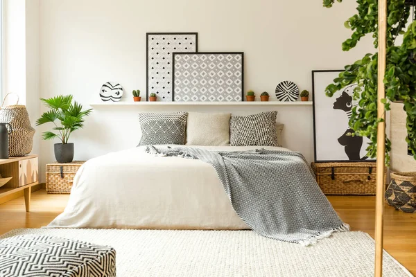 Warm Bedroom Interior Comfy Bed Patterned Blanket Pillows Plants Modern — Stock Photo, Image