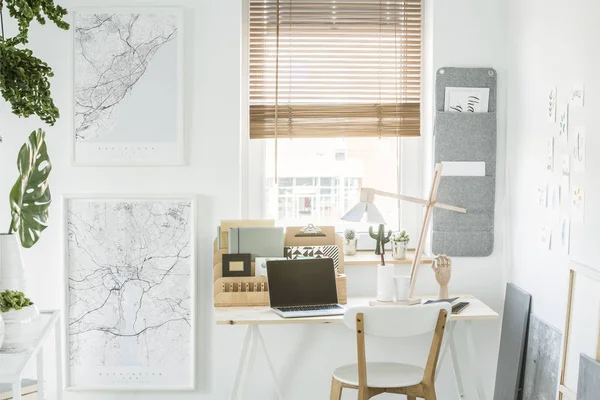 Wooden Chair Desk Laptop Freelancer Interior Window Maps White Wall — Stock Photo, Image