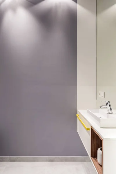 Eenvoudige Elegante Badkamer Interieur Met Witte Kast Lege Grijze Muur — Stockfoto