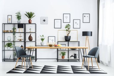 Masada yemek odası iç bitkiler ve beyaz duvar afişlerde gri sandalye