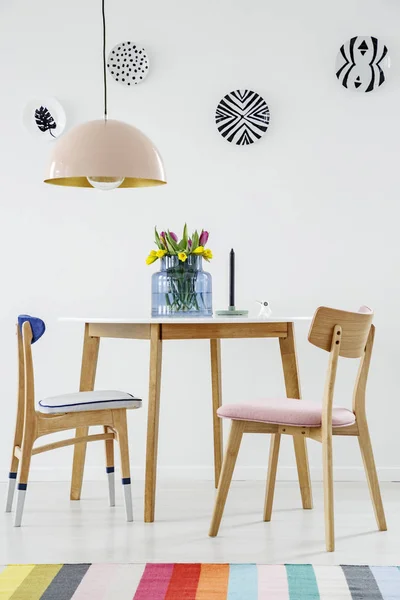 Wooden Chair Table Flowers Colorful Dining Room Interior Pastel Lamp — Stock Photo, Image