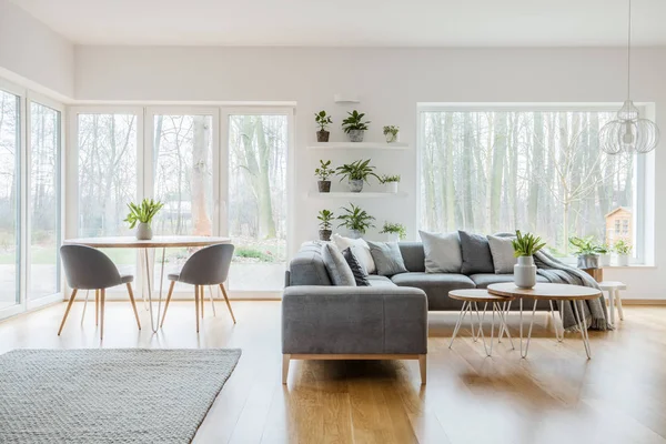 Duas Mesas Grampo Cabelo Com Tulipas Frescas Interior Sala Estar — Fotografia de Stock