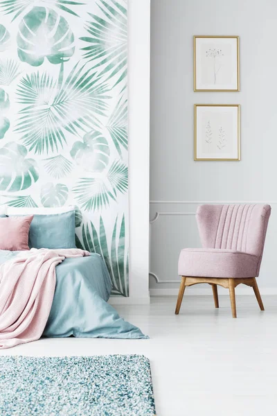 Powder Pink Armchair Standing Bedroom Interior Leaf Wallpaper Two Posters — Stock Photo, Image