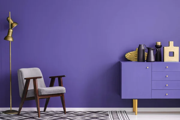 Black Vases Violet Cabinet Grey Armchair Lamp Living Room Interior — Stock Photo, Image