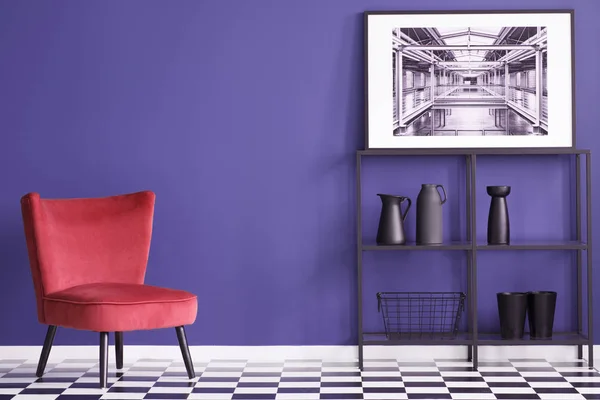 Black Vases Shelves Red Suede Chair Checkerboard Floor Violet Flat — Stock Photo, Image