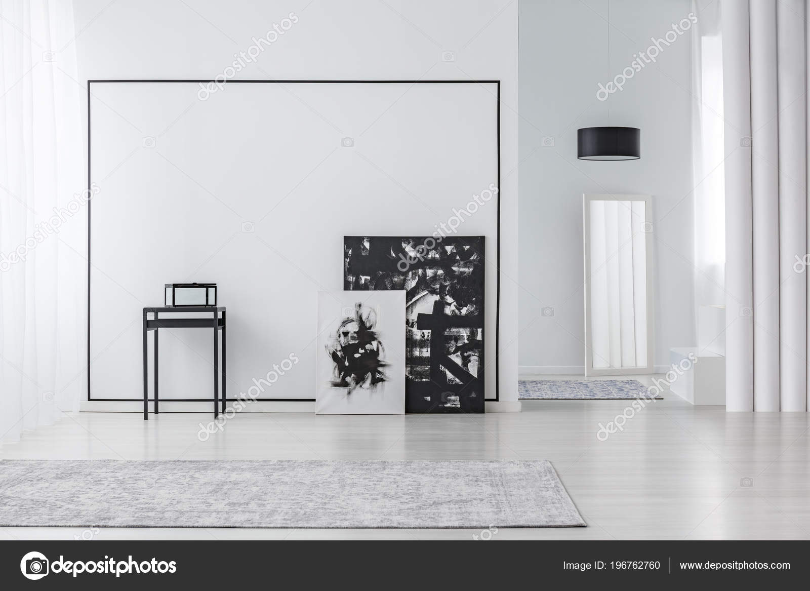 Simple Black And White Paintings Black White Painting Minimal Living Room Interior Grey Carpet Mirror Stock Photo C Photographee Eu 196762760