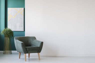 Minimalist oturma odası iç duvar, yeşil koltuk, bitki ve resim ile boş, beyaz