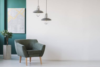 Modern oturma odası yeşil ve beyaz koltuk, bitki, poster ve lambalar
