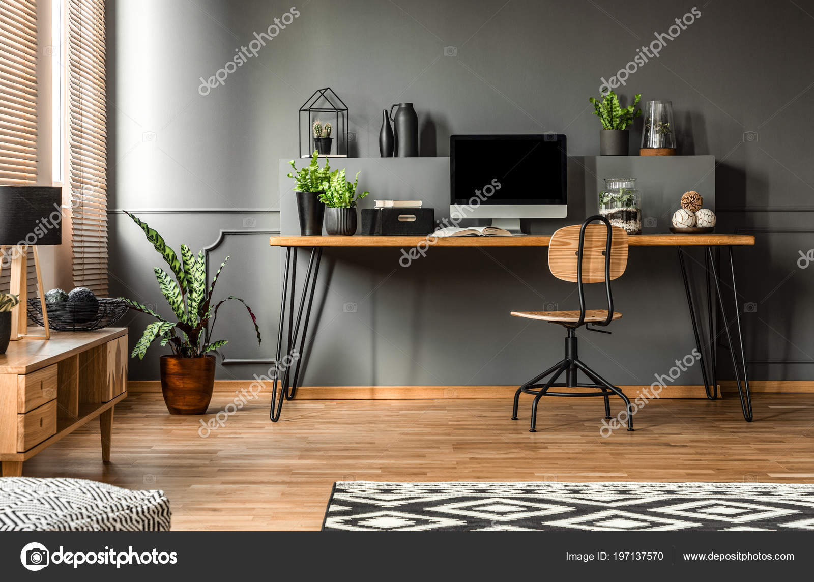 Real Photo Dark Interior Wooden Desk Chair Computer Study Space