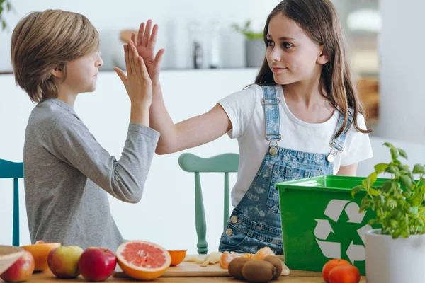 Syskonen Hög Fiving Medan Segregerande Biologiskt Nedbrytbart Avfall Köket — Stockfoto