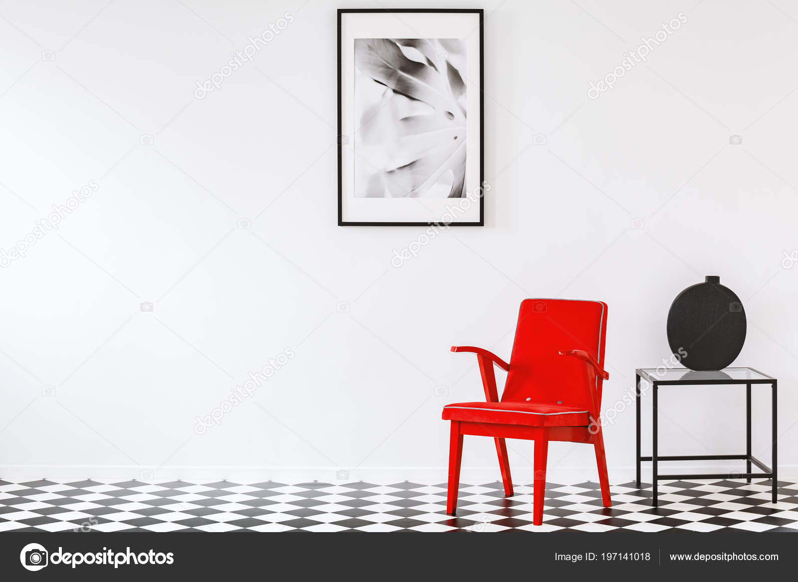 Bright Red Armchair Black White Minimalist Living Room