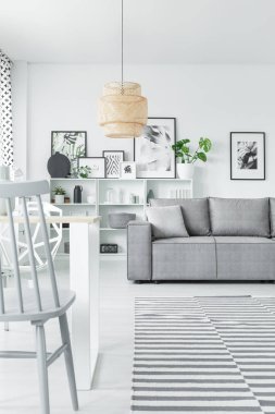 Sanat koleksiyonu bir beyaz salon iç gri kanepe, sandalye, ve bej avize